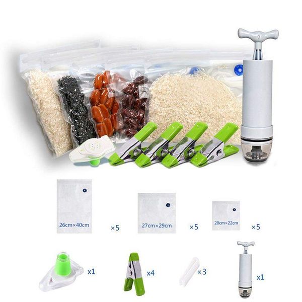 

food savers & storage containers 3 sizes reusable vacuum bags, 1 hand pump, bag sealing clips and 4 sous vide clips, bpa easy cl