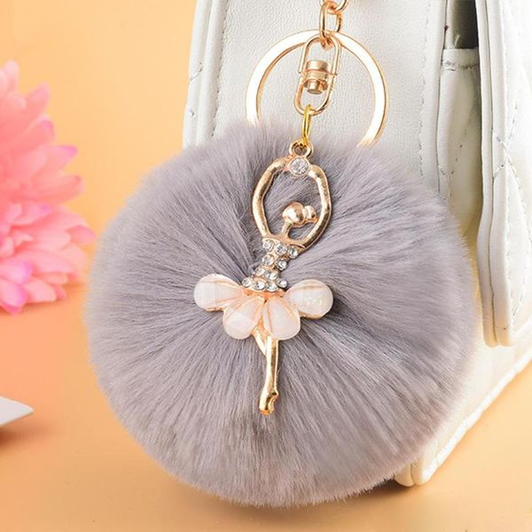 

2021 gold key chain pom pom key rings fake rabbit fur ball keychain pompom angel girl fourrure pompon women bag charms jewelry keychain, Silver