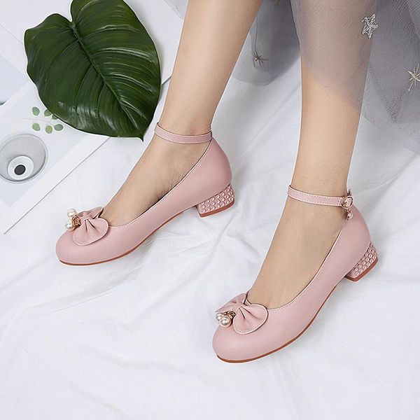 

dress shoes sweet style pumps comfortable round toe fashion bowknot belt buckle beige pink white crystal low with thick heel women's, Black