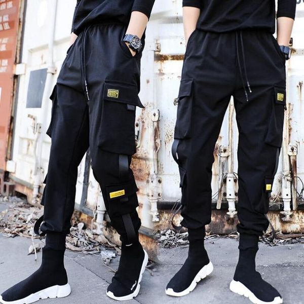 

men's pants ribbons hip hop cargo men black pocket streetwear harajuku techwear trousers harem joggers sweatpants a-21