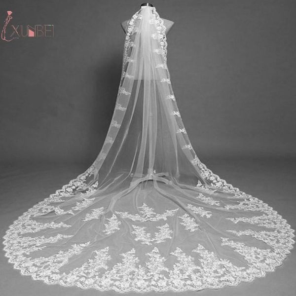 

bridal veils voile marriage one layer long wedding veil with comb lace edge cathedral length white ivory accessories applique, Black