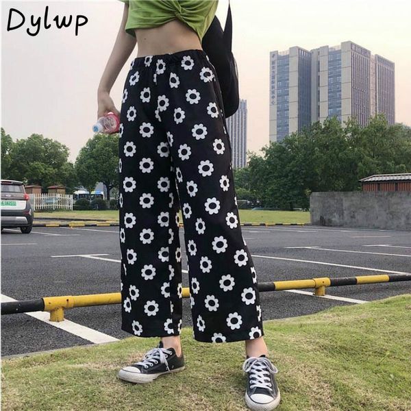 

women's pants & capris flower print 2021 spring summer casual loose straight trousers korean female vintage black, Black;white