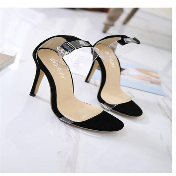 

style high heels sandals transparent material shoes super heel simple, Black
