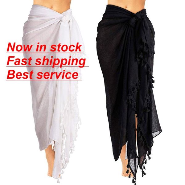 

womens beach sarong pareo wrap skirt swimsuit bikini cover up short with tassel women's swimwear, White;black