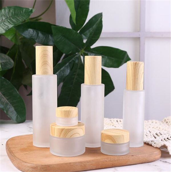 Bottiglia di vetro smerigliato Vaso per crema per il viso con coperchio in finto legno Bottiglie per pompa spray per lozione Vasetti per cosmetici riutilizzabili 20 ml 30 ml 40 ml 50 ml 60 ml 80 ml 100 ml 120 ml