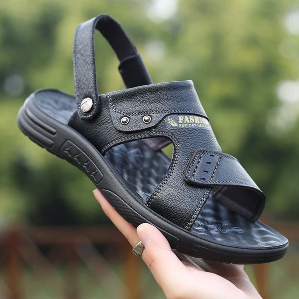 

leather slippers summer outdoor men's sandals trend slippers non slip 6360, Black