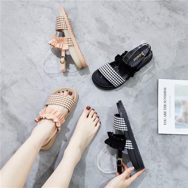 

all-match fashion womens shoes 2021 beige heeled sandals luxury black flat girls bow summer comfort velvet beach low scandal