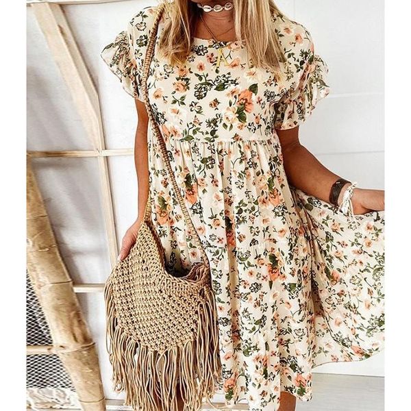 

casual dresses 2021 spring and summer round neck flower print short-sleeved loose dress, Black;gray