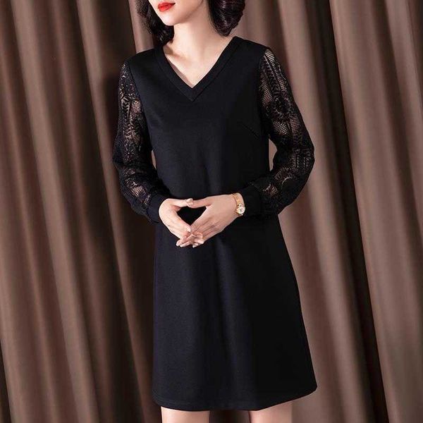 Outono inverno v neck lace manga longa splicing vestido feminino casual solta midi feminino chique preto straight es 210526