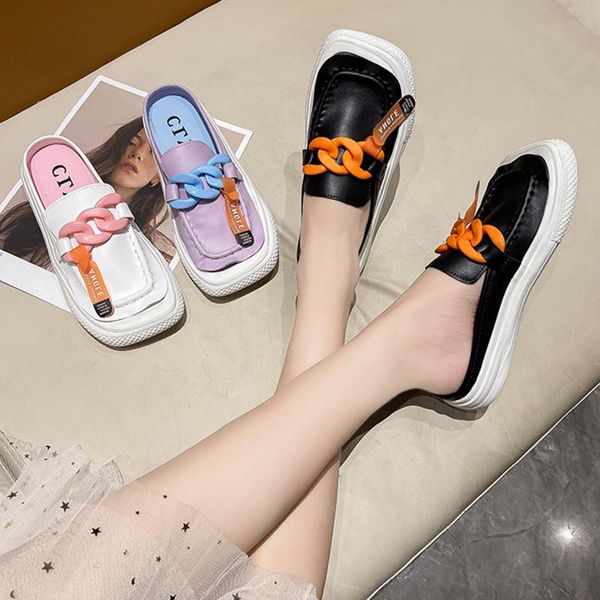 

slippers low cover toe soft flat shoes female slides fashion loafers slipers women comfort square luxury 2021 rome basic pu, Black