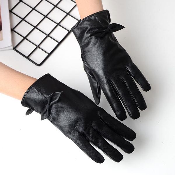 

fingerless gloves 8956 fashion bow women' leather warm touch screen plus velvet thin black sheep winter women, Blue;gray