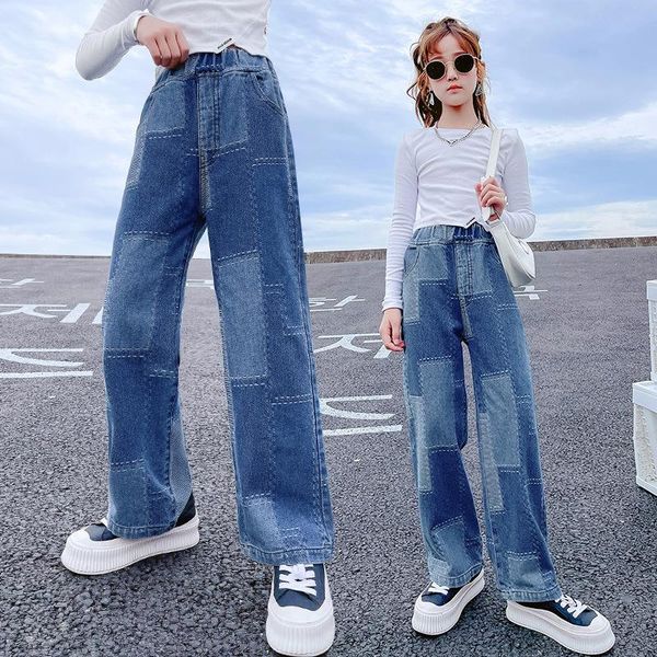 

trousers straight jeans girls 2021 autumn high waist loose print color matching wide leg pants, Blue