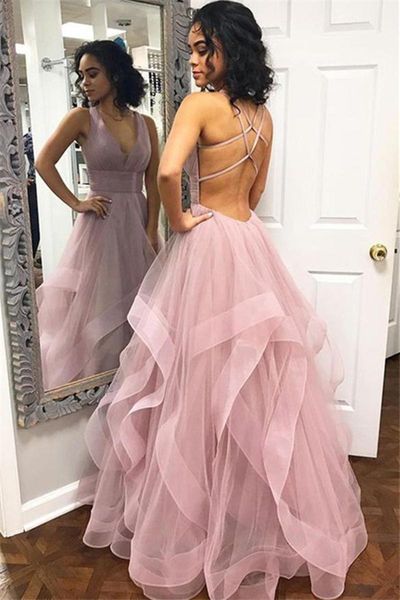 

party dresses pink evening tulle tiered pleat v neck criss cross back sashes sweep train charming, White;black