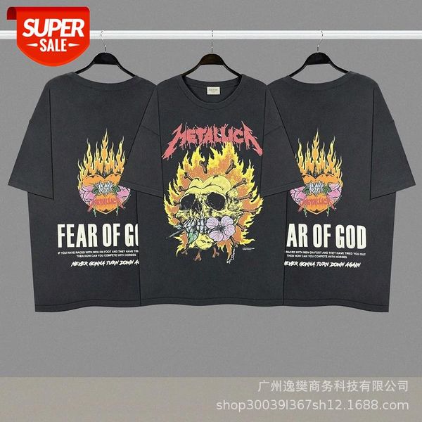

flame skull vintage rock band old washed short-sleeved t-shirt #ho3q, White;black
