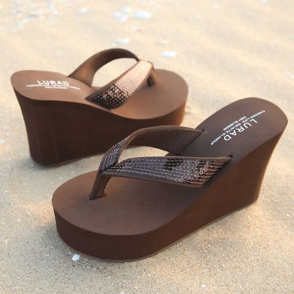 

luladi 2015 sequin women's flip flops muffin summer slope heel thick bottom super high anti slip beach sandal, Black