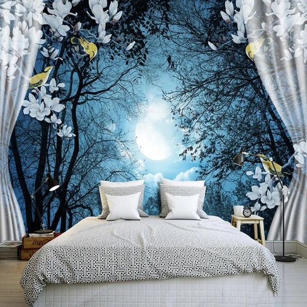 

custom 3d mural natural scenery peaceful night forest moon room landscape self adhesive wallpaper window view bedroom waterproof wallpapers