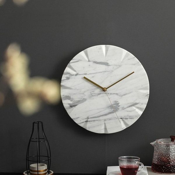 

wall clocks natural marble clock silent for living room bedroom home decor brass pointer diameter 12 inch
