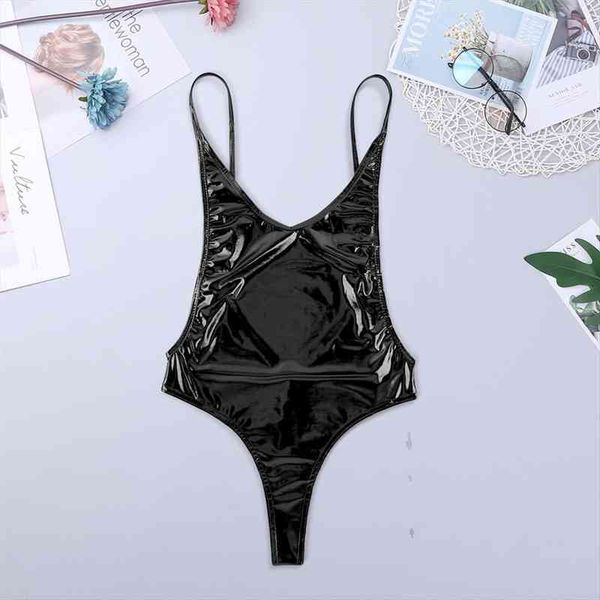 

women shiny metallic bodysuit sleeveless patent leather high cut leotard jumpsuit swimsuit female club party, Black;white