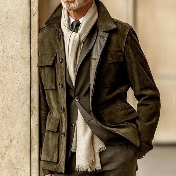 

men's jackets winter warm casual long sleeve turn-down collar mens fall vintage buttoned outerwear fashion solid color suede coats men, Black;brown