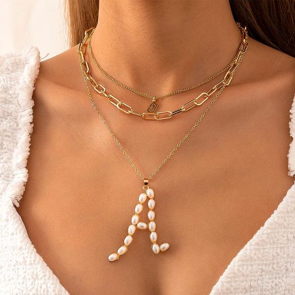 

pendant necklaces ingemark vintage multilayer chain choker necklace for women geometric boho pearls letter a neck female jewelry, Silver