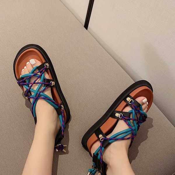 

sandals platform 2021 summer design flat bottom increased strap roman shoes luminous, Black