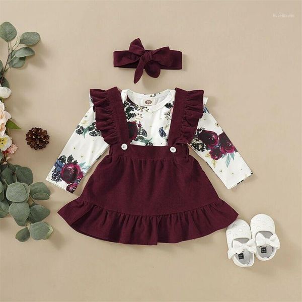 

clothing sets 0-24m toddler born baby girl long sleeve floral romper jumpsuit suspender skirts bow headband 3pcs outfits set1, White
