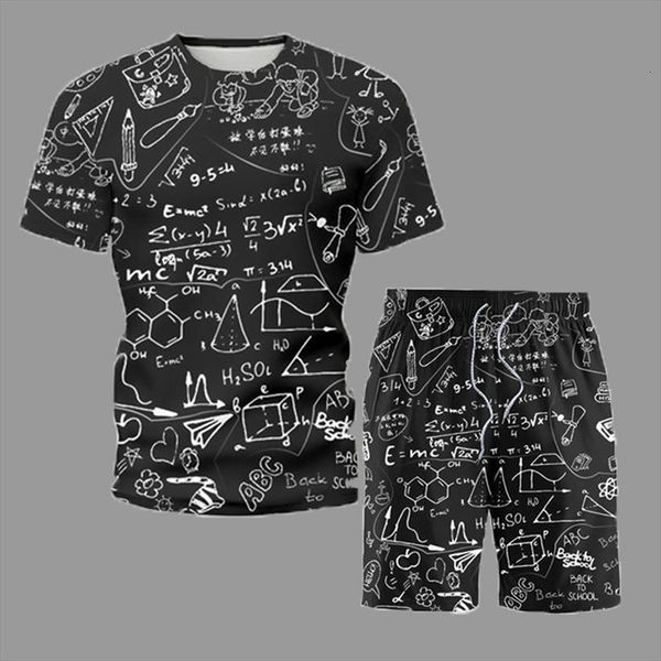 

summer sets mathematical formula mens tracksuit print black short sleeve shirts shorts 2 packs trendy t suit student streetwear, Gray