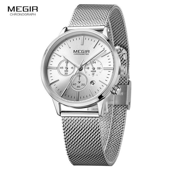 

wristwatches megir women stainless steel mesh quartz watch waterproof multi-function chronograph date display wristwatch black relogio, Slivery;brown