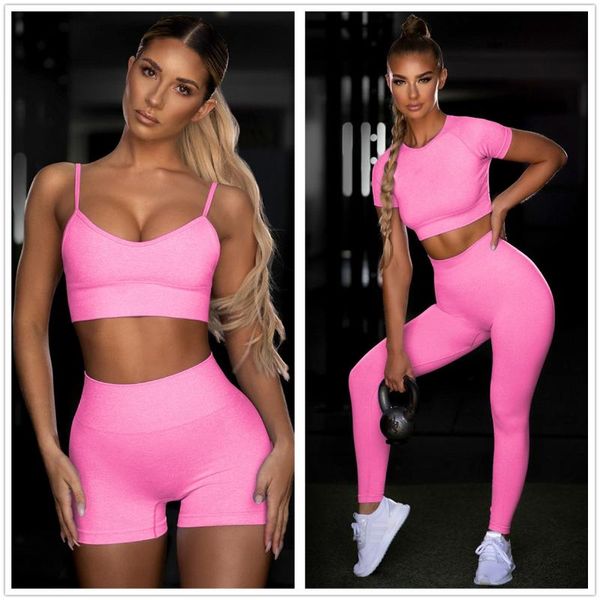 

seamless women yoga set workout shirts sport pants bra gym clothing short crop high waist running leggings sports outfit