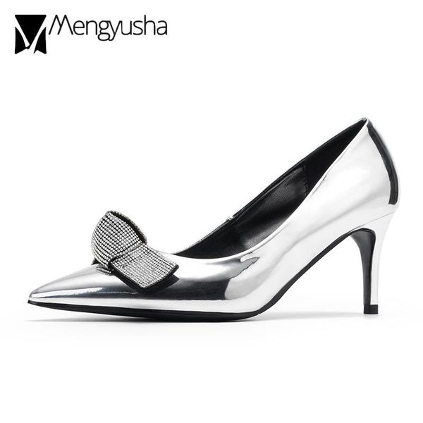 

dress shoes glazed leather wedding woman crystal bow high heels gold/silver pointed toe japanned pumps female tacones, Black