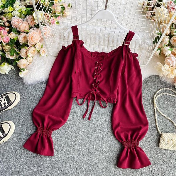 

women's t-shirt spring autumn puff sleeve slash neck shirt long-sleeved strapless crop women bandage lace up, White