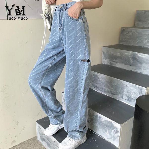

women's jeans yuoomuoo letters print pants women fashion boyfriend y2k trousers high waist mom ripped 2021 straight, Blue