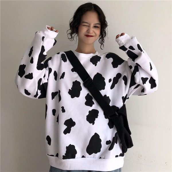 

women's hoodies & sweatshirts cow milk printed women autumn kawaii palka dot oversize loose harajuku girl female pullover, Black
