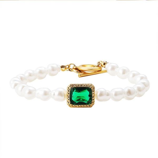 

charm bracelets pearl creative retro fashion simple temperament inlaid green large rhinestone bracelet for women, Golden;silver