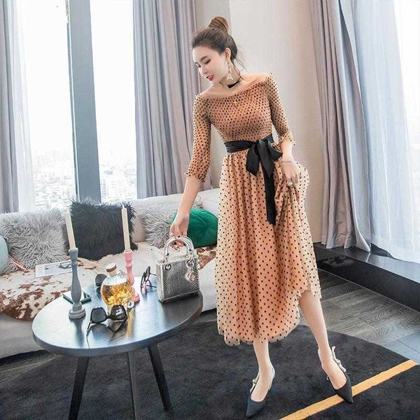 

dress temperament clothes ladies women's polka dot five-point sleeves sheath office lady mesh polyester 210603, Black;gray