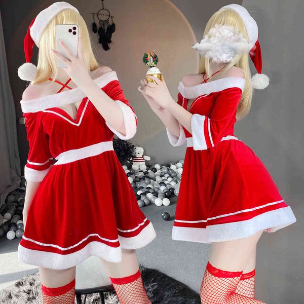 

nxy set women christmas cosplay costume lingeries winter red dress hollow open chest outfits lady santa with hat maid uniform 1127, Red;black