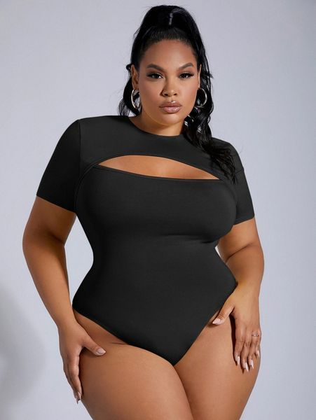 

sxy plus solid cut out bodysuit r78z#, Black