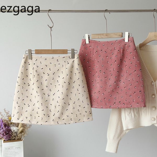 

ezgaga sweet high waist skirts women autumn corduroy floral wrap mini pencil skirt korean cute female y2k street casual 210430, Black