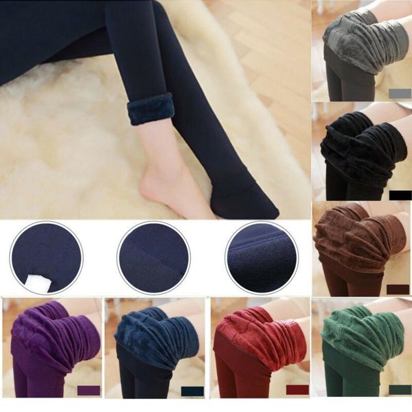 

women's leggings women solid long thick trouser winter thermal fleece skinny buttom pants leg stretch warmer, Black