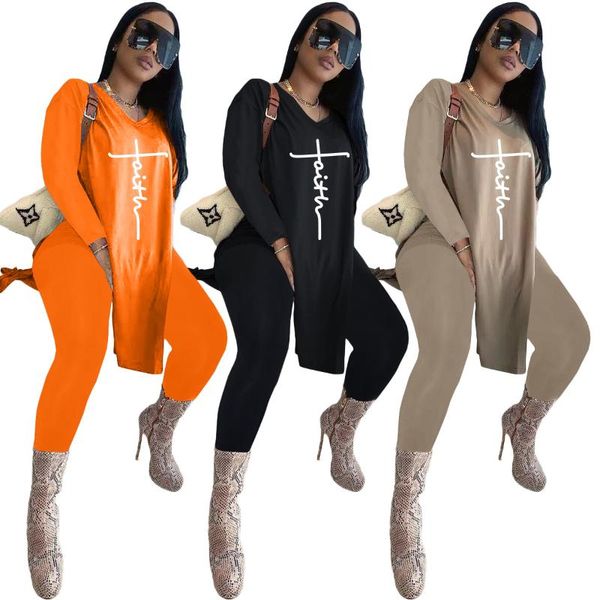 

women's two piece pants 2021 winter faith print casual thick sweater tracksuits v-neck long & elastic waist suit female 2 pieces set, White