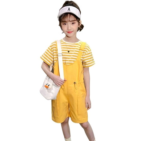 

girls clothes striped tshirt + jumpsuit children's for casual style girl clothing summer costume 210528, White