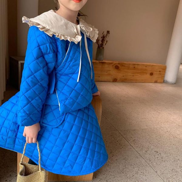 

girls cotton clothes sets coat with shirt two pieces winter long sleeve kids large ruffled lapels boutique outfits solid clothing, White