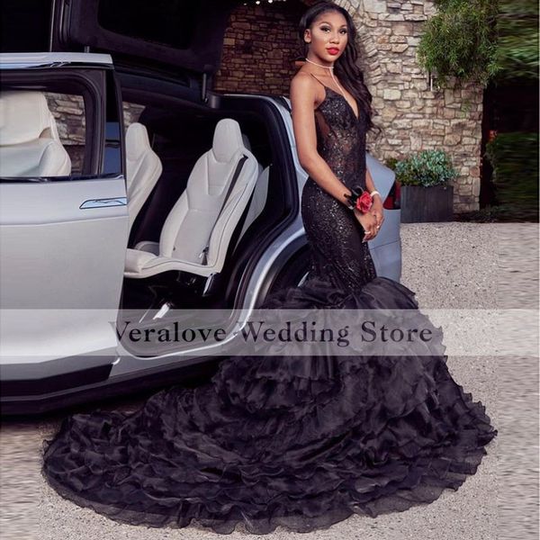 

long black sequins lace evening dress mermaid 2k21 spaghetti straps prom dresses princesse cocktail graduation gowns
