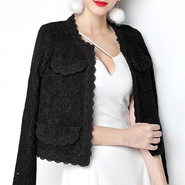 

women's suits & blazers elegant women blazer long sleeve hollow out female jacket lace patchwork office ladies outwear black white size, White;black