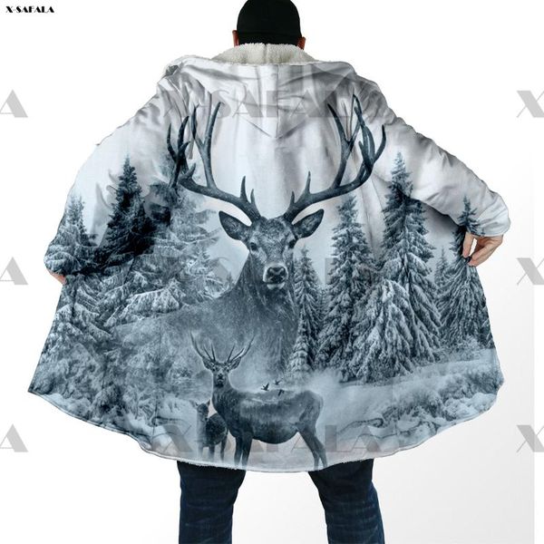 

men's wool & blends russia deer huting snow winter print hoodie long fur collar hooded blanket cloak quilted warm cotton cashmere fleec, Black
