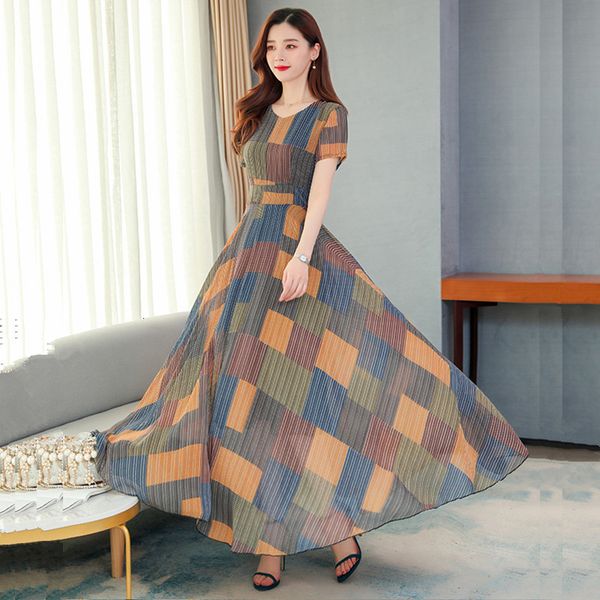 

casual dresses women full summer fashion elegant printing plaid short-sleeve chiffon slim thin female ppec, Black;gray