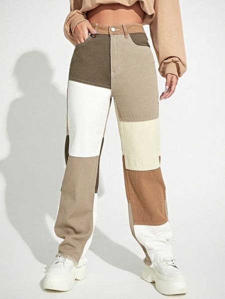 

color block raw hem straight jeans p7hh#, Blue