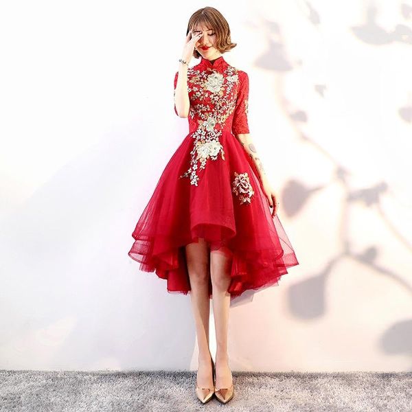 

flower embroidery banquet evening dress short front long back prom party bride toasting vestidos ethnic clothing, Red