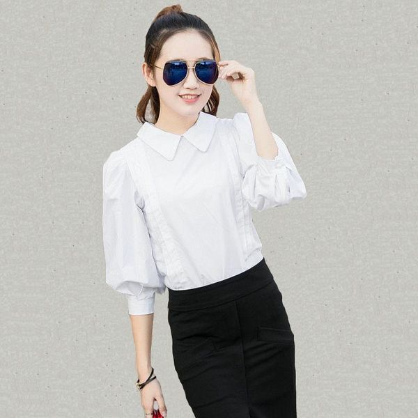 

women's blouses & shirts three quarter lantern sleeve shirt women turn-down collar back buttons loose puff vintage cotton white bl