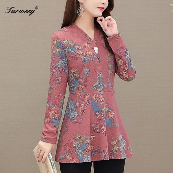 

women's blouses & shirts 5xl autumn chiffon blouse casual floral loose elegant v neck long sleeve print blusas 2021 women, White